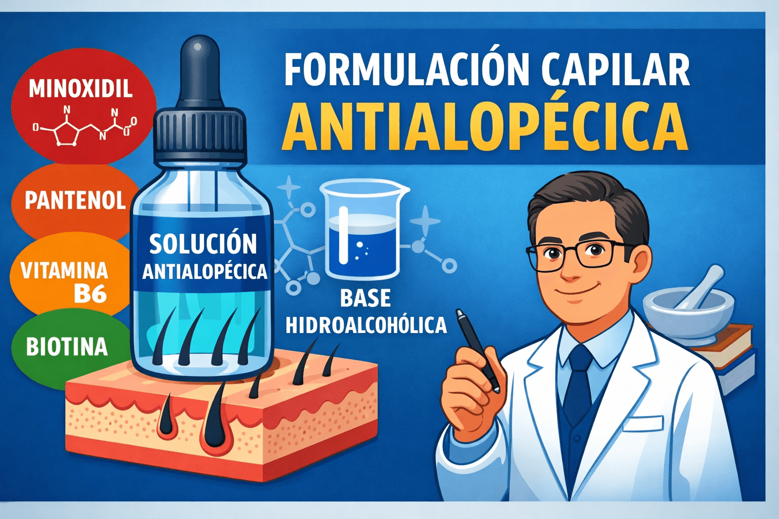 Cómo formular una solución capilar con minoxidil, pantenol, vitamina B6 y biotina